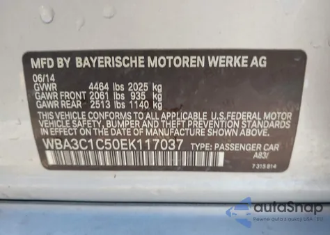 2014 BMW 328I z USA, uszkodzony, nr VIN WBA3C1C50EK117037